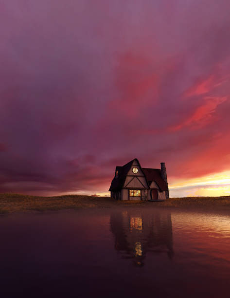 istock Cottage with lit windows at lake during sunrise. 3D render. 1560624808
