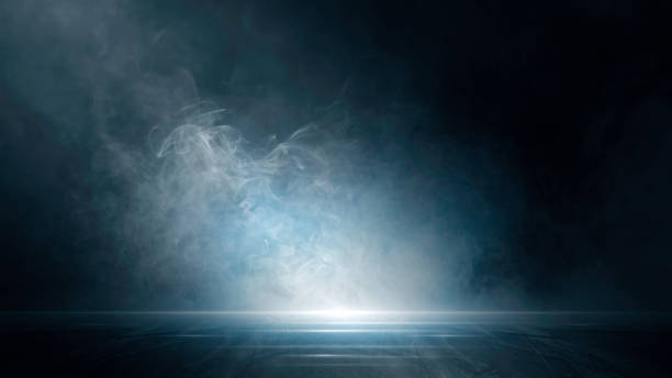istock Empty open dark blue scene, Studio room, smoke, smog, neon spotlights, reflections of rays, concrete floor, night view, digital technology background, interior texture for display products 1560628007