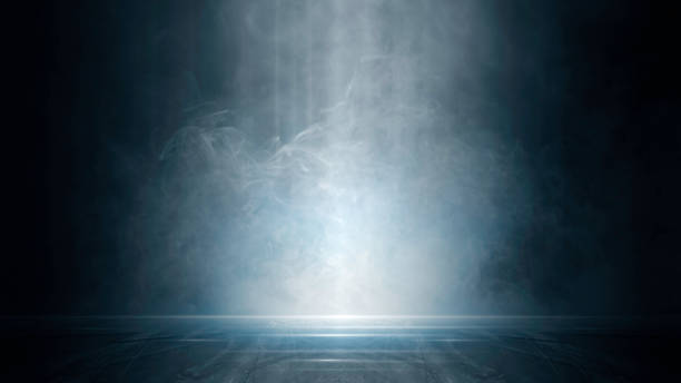 istock Empty open dark blue scene, Studio room, smoke, smog, neon spotlights, reflections of rays, concrete floor, night view, digital technology background, interior texture for display products 1560628009