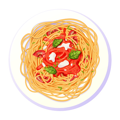 Spaghetti Pasta in plate with tomatos, basil, mozzarella in cartoon style top view detailed and textured isolated on white background. food, italian cuisine. Vector illustration