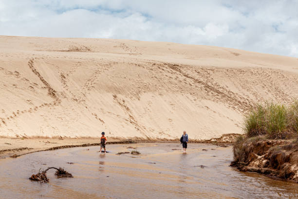 A young boy and girl walking through a shallow stream amongst the sand dunes. stock photo