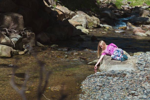 Girl in pink top lying next to stream with her hand in it. stock photo