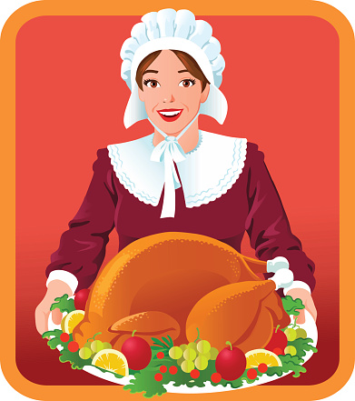 Illustration of happy young pilgrim woman bringing an enormous roasted turkey to the dinning table. 