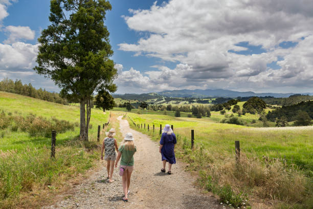 Two adults and a child take a walk in the countryside. stock photo