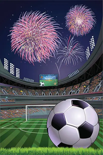 Vector illustration of Soccer stadium and fireworks