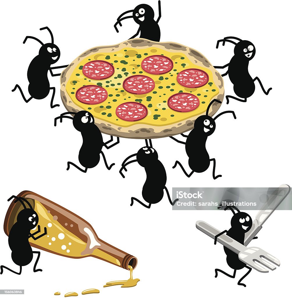 Picnic ants fuggire con pizza e birra (Vettore) - arte vettoriale royalty-free di Birra