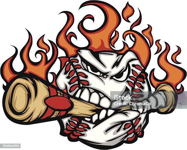 Baseball Flaming Face Biting Bat Vector Image Stock Illustration - Download Image Now - Baseball - Ball, Fire - Natural Phenomenon, Vector