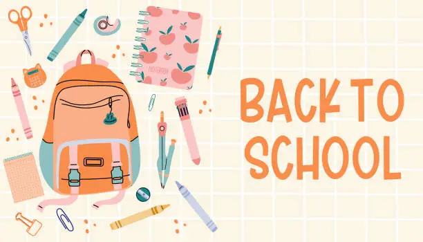 Vector illustration of The design of the promo banner is back to school. A school backpack with school supplies. The concept of education.