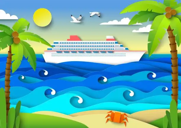 Vector illustration of Sea voyage on luxury cruise liner vector illustration in papercut style