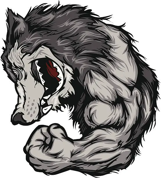 Vector illustration of Wolf Mascot Flexing Arm Vector Cartoon