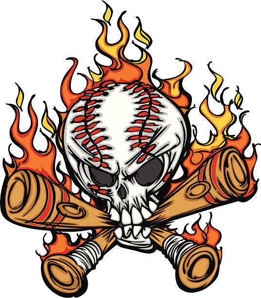 softball fledermäuse, baseball-totenkopf-flaming comic bild - skull baseball ball stock-grafiken, -clipart, -cartoons und -symbole