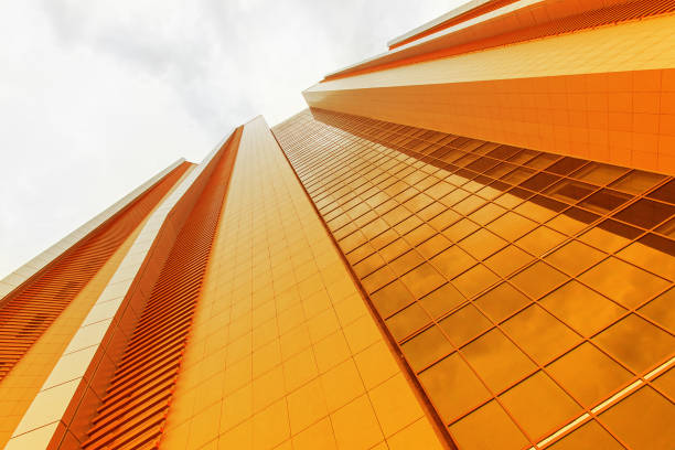 Banner, modern skyscrapers business office and residential buildings. Minimalism in urban architecture photography. Facade detail.
