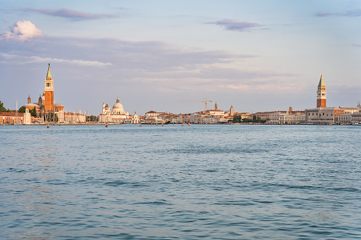 Beautiful scenic landscape from the Grand Canal with Church of San Giorgio Maggiore and St Marks Campanile in Venice, Italy.