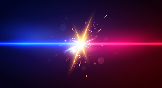 Blue And Red Laser Beam Shooting With An Explosion In The Middle