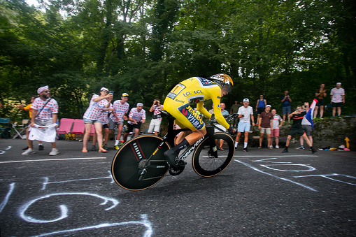 Domancy, France; 18th July 2023: Jonas Vingegaard (Team Jumbo Visma) flying in the time trial stage at Tour de France.