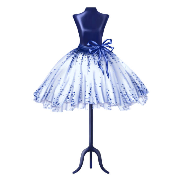 istock Blue ballet tutu decorated with pebbles and bows. A skirt worn on a mannequin. A theatrical backstage, an atelier, a clothing store, outfit for a fashion show and a masquerade. Digital illustration 1560663477