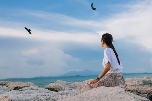 Rear view of woman sitting on the rock of coastline and enjoying beautiful sceneseagulls flying at the background