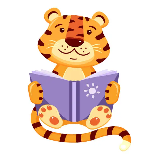 Vector illustration of Cartoon animal with a book. Reading cute tiger cub. Children vector illustration on theme of learning