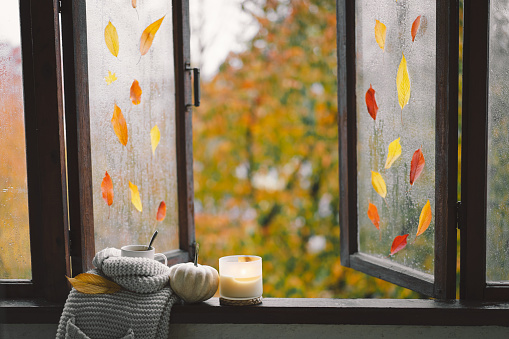 Sweet Home. Still life details in home on a wooden window. Sweater, candle, hot tea and autumn decor.  Autumn home decor. Cozy fall mood. Thanksgiving. Halloween. Cozy autumn or winter concept.