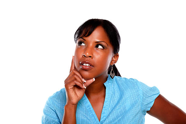 istock Pensive young black female on blue shirt 156073015