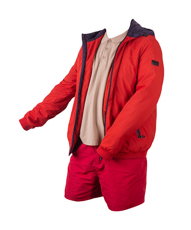 men's red  jacket, beige shirt and red sports shorts isolated on white background. fashionable casual wear