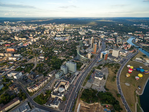 Vilnius, Lithuania - August 7, 2018: Vilnius Municipality in Background And Business District with River Neris in Background. Lithuania