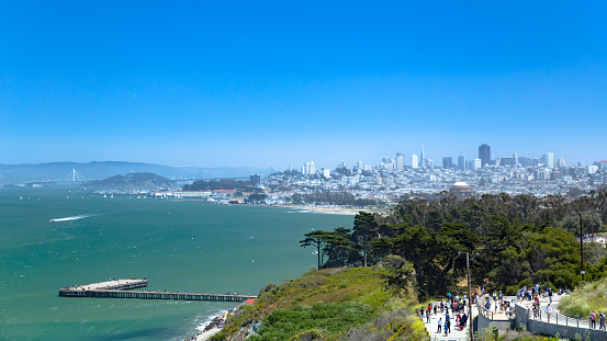 San Francisco downtown view from distance with azure color sea