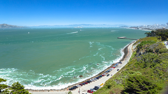 San Francisco coastline with azure color sea and parking area