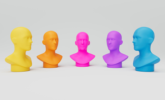 Abstract mannequins in colorful semi circle arrangement. 3d render illustration.