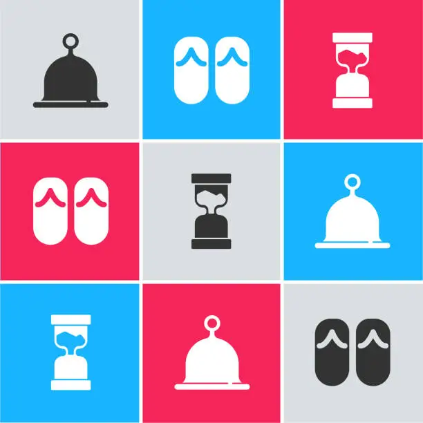 Vector illustration of Set Sauna hat, Flip flops and Old hourglass icon. Vector