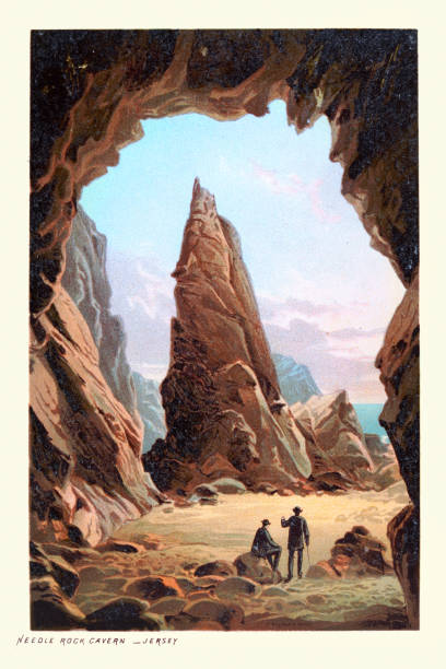 Vintage illustration of Needle rock cavern, Jersey, Channel Islands, Rocky coastline, Victorian landscape art 19th Century