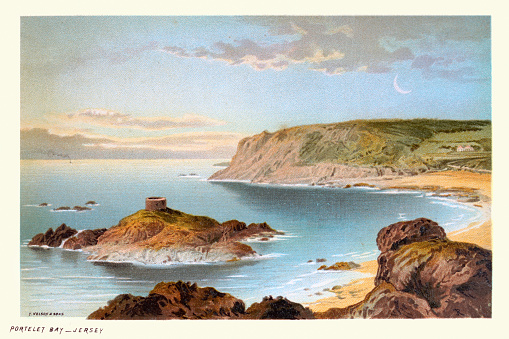 Vintage illustration of Portelet Bay, Jersey, Channel Islands, Rocky coastline, Victorian landscape art 19th Century