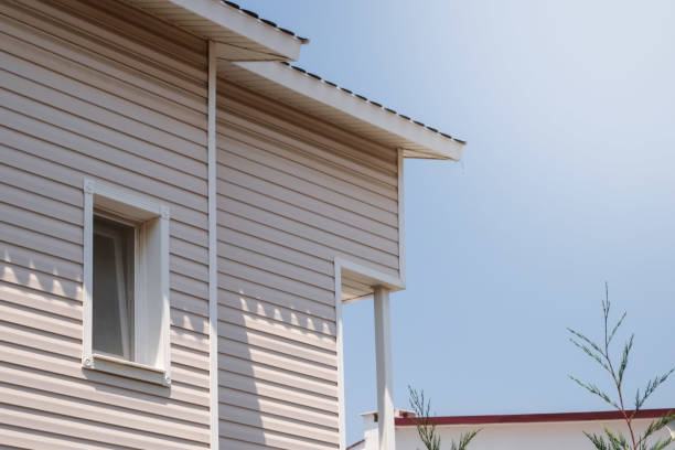 фасад нового дома облицован сайдингом, с окнами, на фоне голубого неба. - siding house plastic roof стоковые фото и изображения