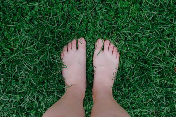 istock Bare woman's feet on the green grass, happy and peaceful 1560744591
