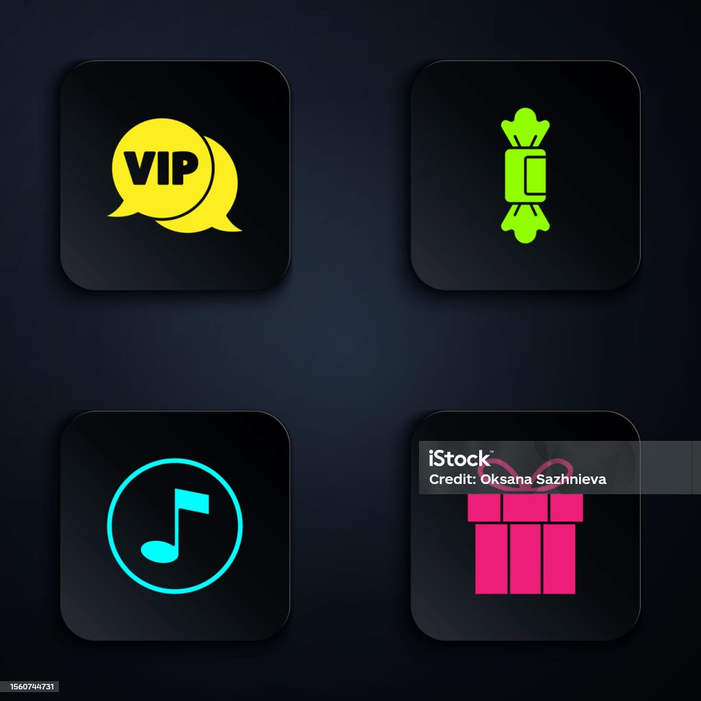 Vip Button Picture Square Set Gift Box Vip In Speech Bubble Music Note Tone And Candy Black ...