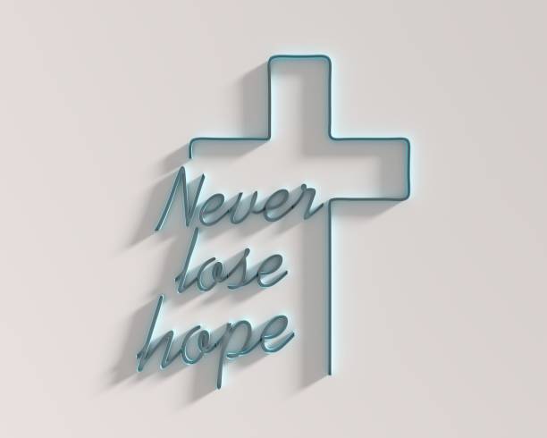 cross and never less hope text in thin lines style. 3d render - cross cross shape christianity hope imagens e fotografias de stock