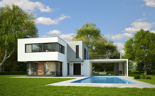 3d rendering of a modern cubic villa with swimming pool