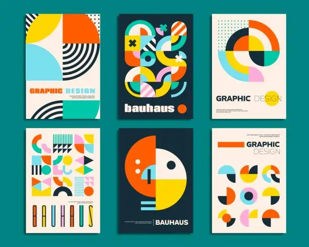 Vector illustration of Bauhaus posters with geometric abstract patterns