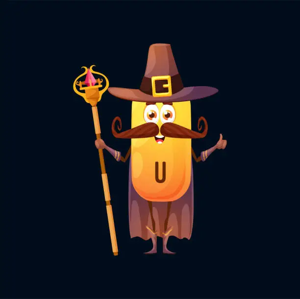 Vector illustration of Cartoon vitamin U wizard character with staff