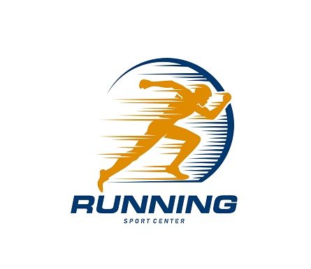 Marathon run sport icon, runner club or athlete sprinter center vector badge. Marathon run challenge sign with silhouette of running man, athletic fitness race sport for charity or health day campaign