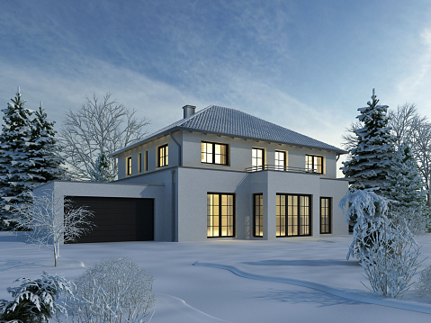 3d rendering of a modern white house with garage in winter