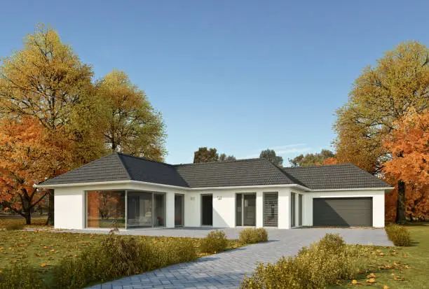 3d rendering of a modern white bungalow in autumn