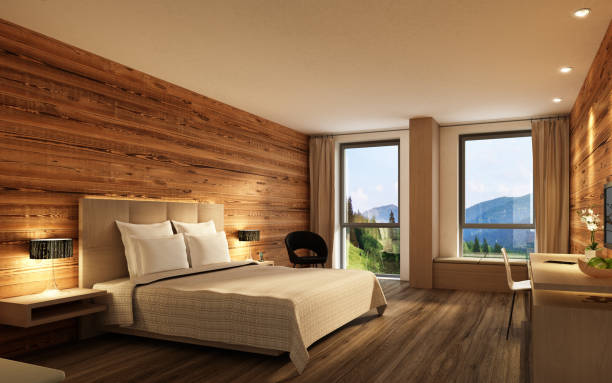 istock Hotel room with wooden wall cladding 1560745229