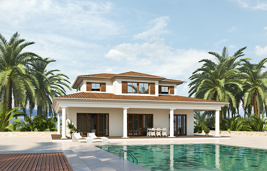 3d rendering of a modern mediterranean villa with pool