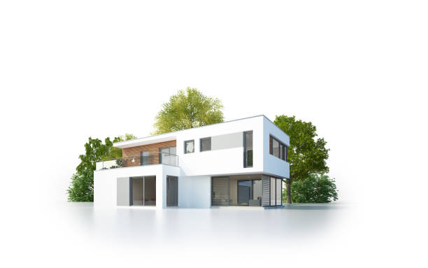 Isolated modern cubic house 3d rendering of an isolated modern cubic house cuboidal epithelium stock pictures, royalty-free photos & images