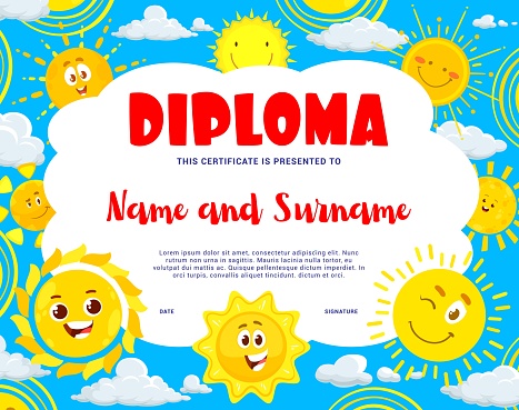 Kids diploma. Cartoon sun characters. Kindergarten child achievement diploma, elementary school children competition winner vector award or kids graduation certificate with sun smiling personages