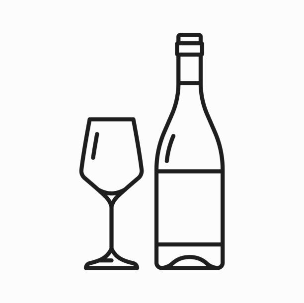Dry white wine in bottle and glass, winery drink Bottle of white wine and glass isolated outline icon. Vector winery product, aged wine dry light alcohol drink in glass bottle, thin line wine bottle stock illustrations