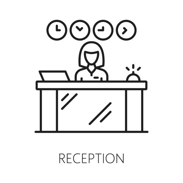 Reception desk icon, customer hotel service, line Reception desk icon, customer hotel service, thin line symbol. Vector receptionist at counter, cashier concierge doing check in or check-out education registration event stock illustrations