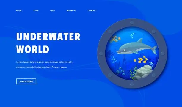 Vector illustration of Landing page porthole with dolphin and underwater