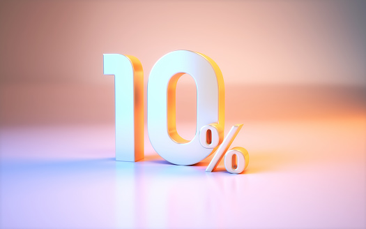 3d render 10 Percent Sign sitting on Metallic Blue and Pink Background (Close-up)